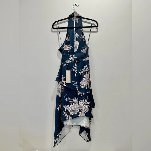 Keepsake The Label Asymmetrical Floral Blue Satin Halter Midi Cocktail Dress M - Picture 8 of 10